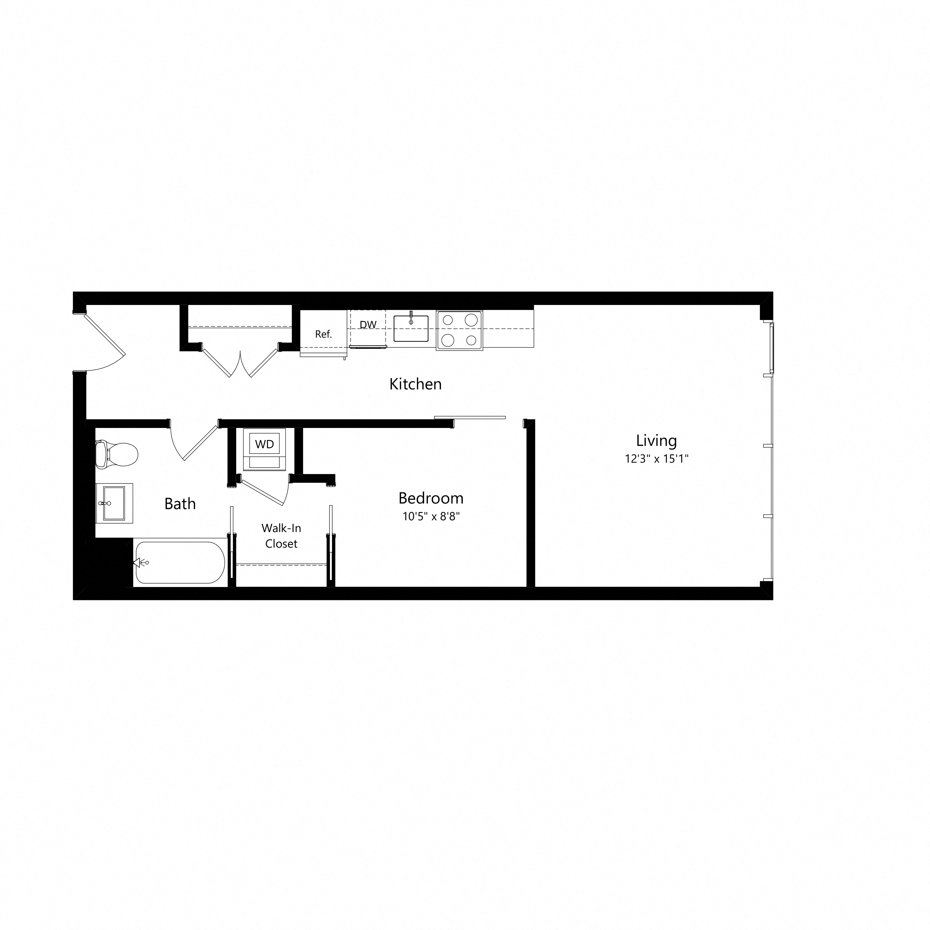 Floor plan for 1 bed, 1 bath, 582 sqft